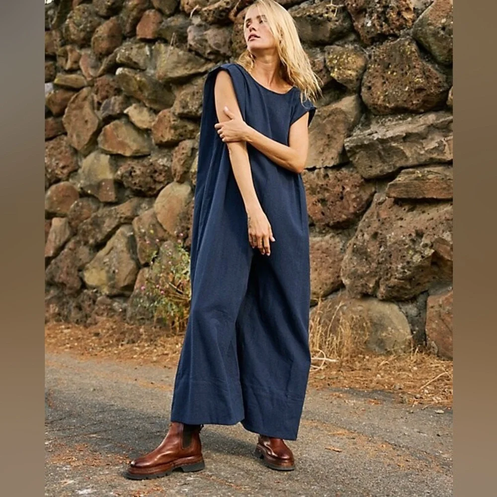 Free People Navy Sleeveless Wide-Leg Jumpsuit - Picture 1 of 10